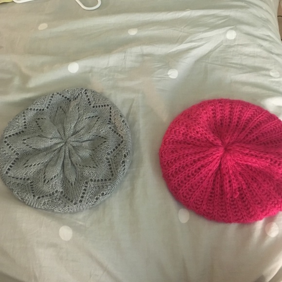 2 beanie style hats, grey and pink