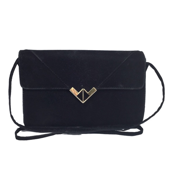 Vintage Handbags - Vintage 1980s Velour Medium Black Clutch Purse