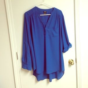 Blue chiffon blouse with roll up sleeves size 2