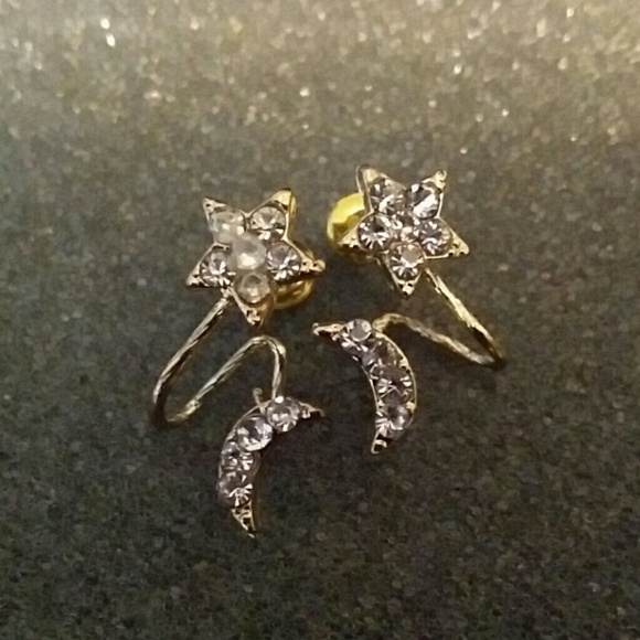 SOLD**Moon  and stars pierced rhinestone  earrings - Picture 2 of 3