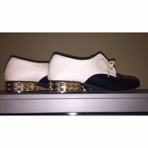 Black and White Oxfords with Gold Studded Heel
