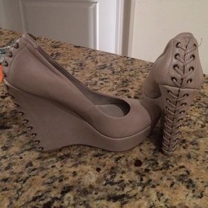 Nude platform wedges tan Michael Shannon lace up