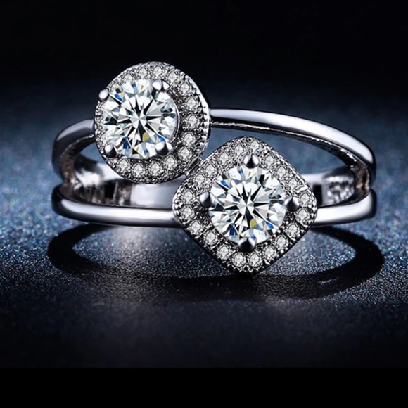 Two cubic zirconia platinum plated silver ring
