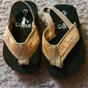 NWOT Corkys Infant Size Flip Flops Gold Sequins