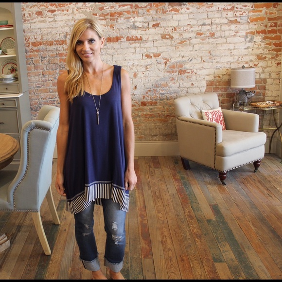 Navy striped hem high low tunic/dress - Picture 2 of 4