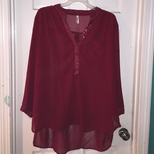 Maroon, plus size hi-lo long sleeve blouse