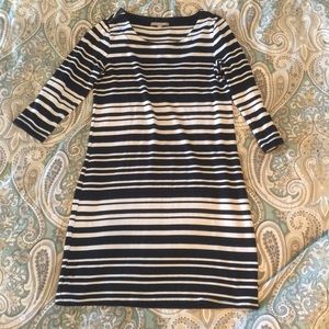 Boat neck, navy blue stripe dress, Banana Republic