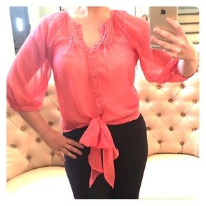 Esley Coral Pink Sheer Tie Front Blouse
