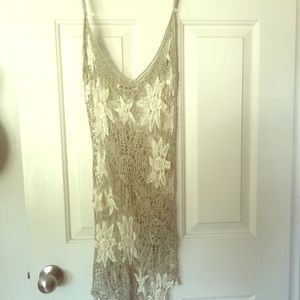 Boho, crocheted style tank. Lt green and white.