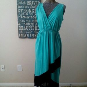 Teal and black color block maxi dress