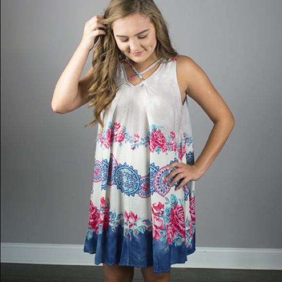 Boutique Summer Love Floral Gray Blue Dress - Picture 3 of 4