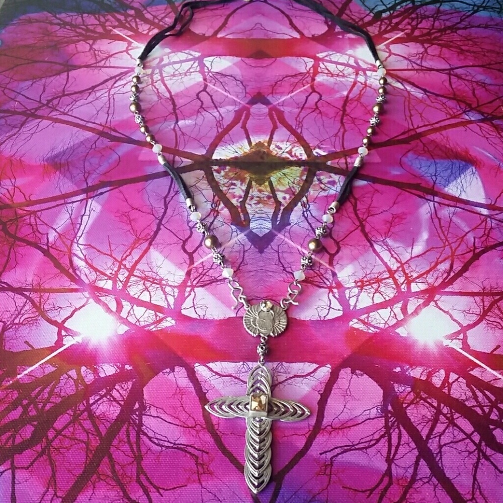 Silver & Leather Long Tribal Cross Rosary Scarab Beetle Necklace, VSA