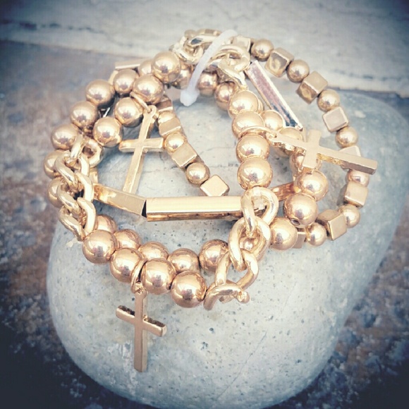 4 PIECE GOLD CROSS BRACELET SET