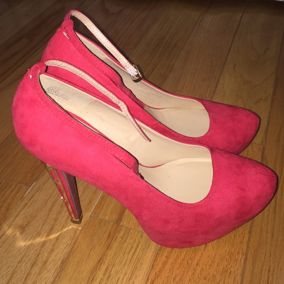 Red suede ankle strap with gold metal heels