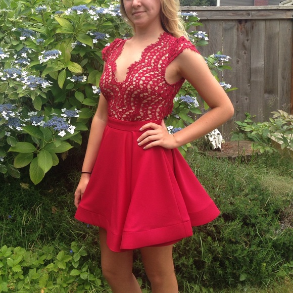 Red eyelash lace homecoming/prom dress