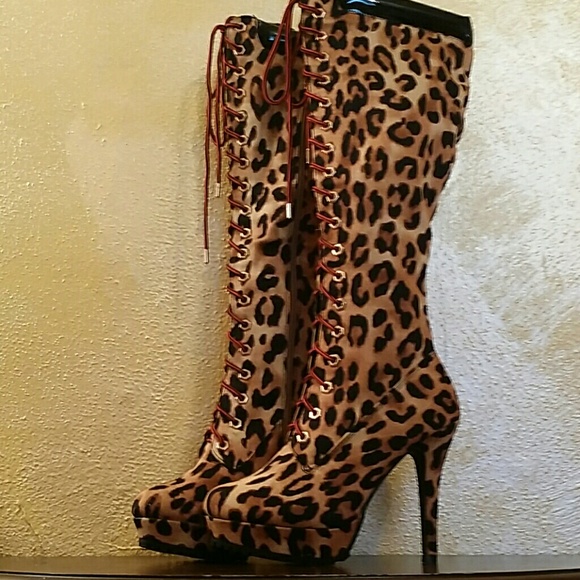 ON SALEπ²π³π’Classy leopard laced up faux fur boot - Picture 2 of 4
