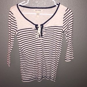 Cream three-quarter length top with navy stripes
