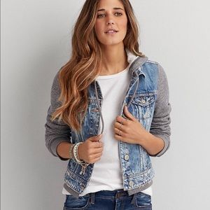 AEO Hooded Denim Jacket w/ Grey Sweatshirt Sleeves