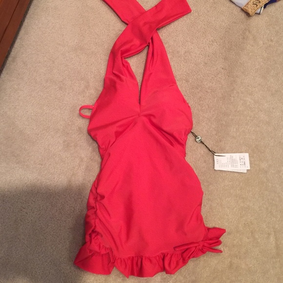 Coral halter bathing suit dress