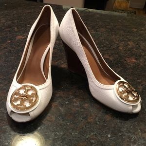 Tory Burch White Open Toe Wedges