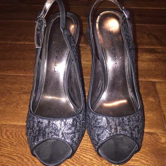 Size 7, black, lace print, 5inch, open toed heels