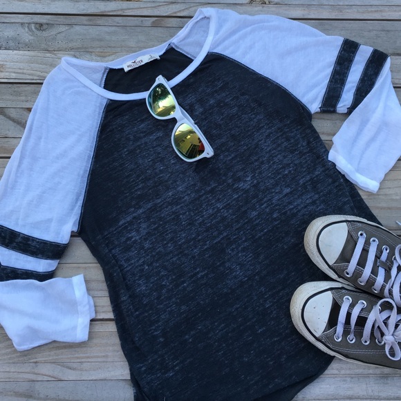 Hollister Gray White Varsity Stripe Baseball Tee