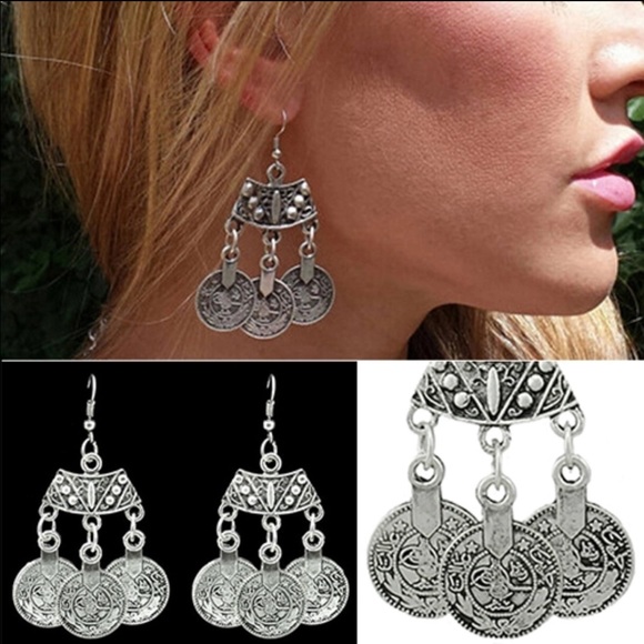 Jewelry - Vintage Boho Silver Coin Dangle Hook Long Earrings