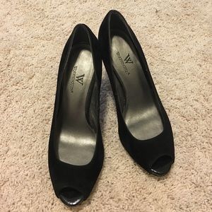 Black suede peep toe heels