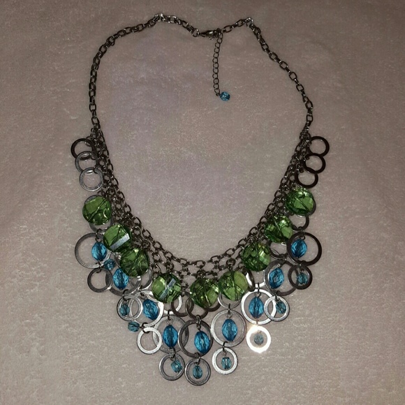 Blue, green, and silver jewel necklace