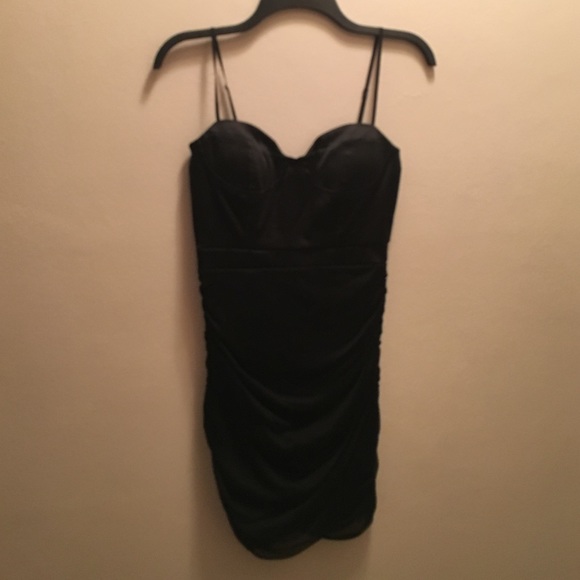 NEVER WORN Black Bustier Satin/Mesh Ruched Dress