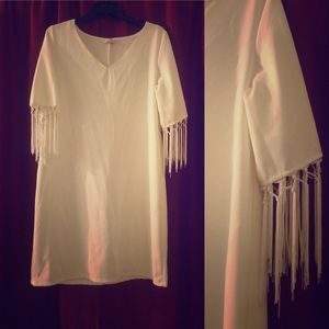 Off White Dress with Fringe Sleeves