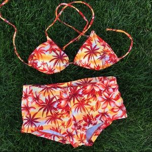 Red orange Hawaiian flower Palm bikini swim suit