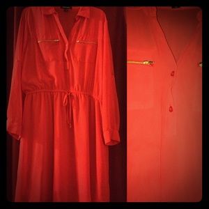 Tomato Colored Drawstring Long Sleeve Dress