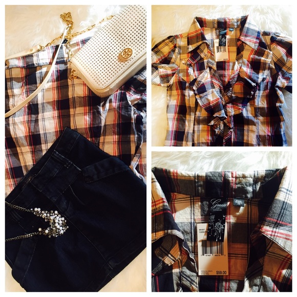 Guess Plaid Ruffled Button Down Blouse - Picture 2 of 4