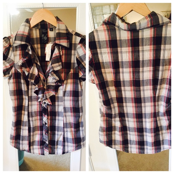 Guess Plaid Ruffled Button Down Blouse - Picture 4 of 4