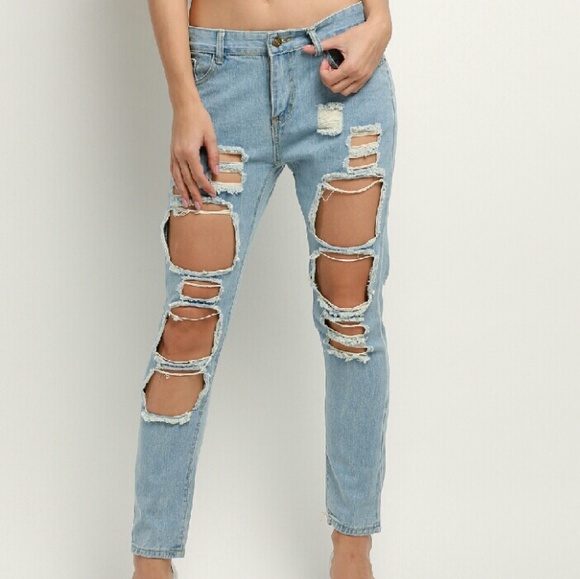 Light Blue Destroyed Ripped Skinny Boyfriend Jeans - Picture 3 of 4