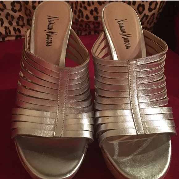 Neiman Marcus Platinum Strappy Cork Platform Wedge