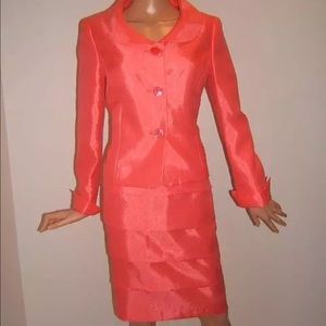 New Le Suit 4 Coral Satin Tier Skirt Jacket Suit
