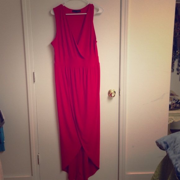 Red asym hi-lo maxi dress with deep v neck