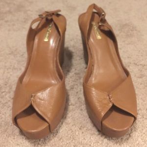 BCBG cognac colored wedge, leather shoe, size 10