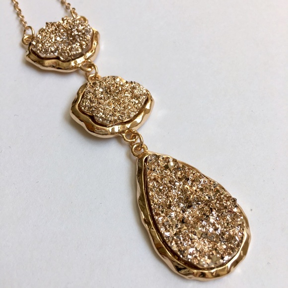 Triple Gold/Rosegold faux Druzy long gold necklace - Picture 5 of 6