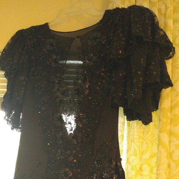 Black hand beaded satin and chiffon dress