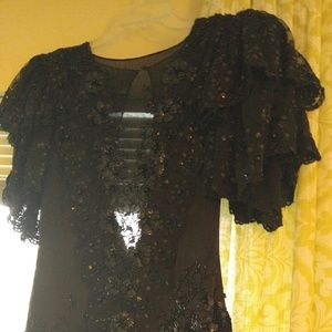 Black hand beaded satin and chiffon dress