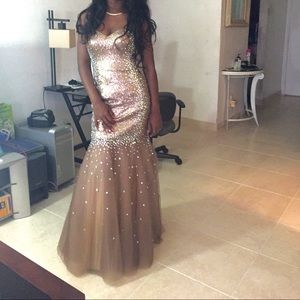 Long Prom Dress Gold Champagne Rhinestone Mermaid