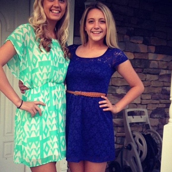 Blue lace dress with brown belt