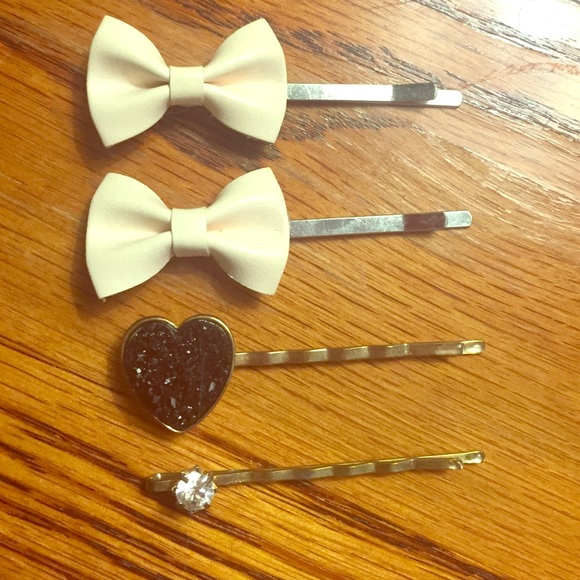 Leather bows and gem heart hair pins
