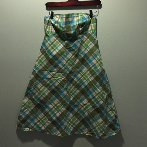 EUC Gap Strapless Green/Blue Plaid Dress 4