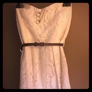 denim jacket, Brown bag, Short White lace dress