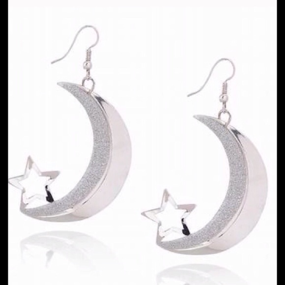 Jewelry - Half moon silver glitter falling star earrings.