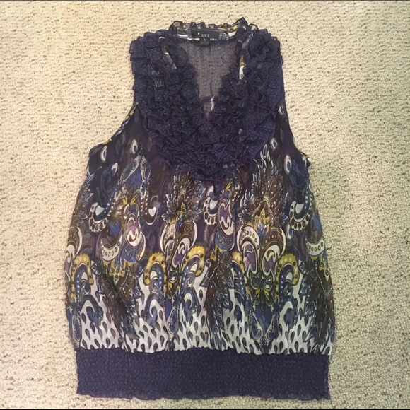 Purple/yellow/cream paisley sheer sleeveless top